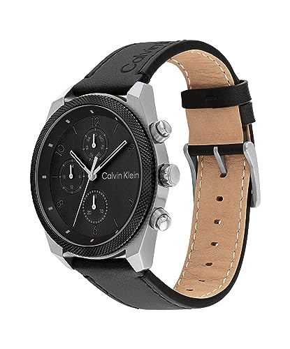 Calvin Klein Orologio analogico multifunzione al quarzo da uomo Collezione IMPACT con cinturino in acciaio inossidabile o in pelle, Leather, Nero (Black)