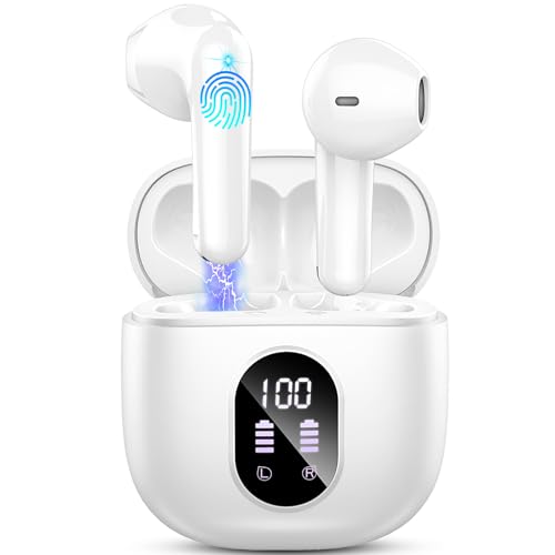 Cuffie Bluetooth, Auricolari Bluetooth 5.3 Cuffie Wireless In Ear con 4 ENC Mic Stereo, Cuffie Senza Fili Cancellazione Rumore Cuffiette Bluetooth IP7 Impermeabili Earbud 50H LED Display Bianco (2024)