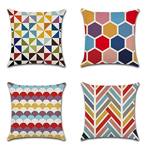 JOTOM - Set di 4 federe decorative per cuscini, in lino e cotone, per divano, auto, casa, letto, 45 x 45 cm, motivo: geometrie colorate