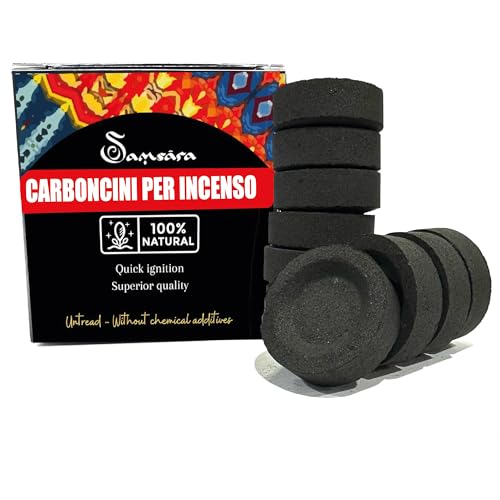 Carboncini Vegetali Non Tossici In Sola Legna per Incensi in Grani Resine e Foglie - 100% Naturali. Accensione rapida e duratura, 50-60 minuti, con un diametro di 33mm (1 CONFEZIONE)