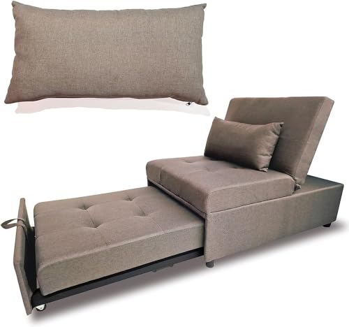 MAKA Divano Letto Singolo Salvaspazio con Cuscino Sfoderabile Clic Clac Poltrona Reclinabile Estendibile in Tessuto Chaise Longue per Distendersi Completamente Poggiapiedi 191x79x90 cm (Tortora)