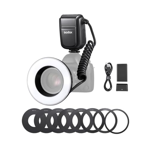 Godox MF-R76 Universal Macro Ring Flash Light GN14 10 livelli di luminosità regolabile con 8 pezzi di Anello Adattatore per Canon Nikon Sony Fuji Olympus Panasonic Pentax DSLR Camera